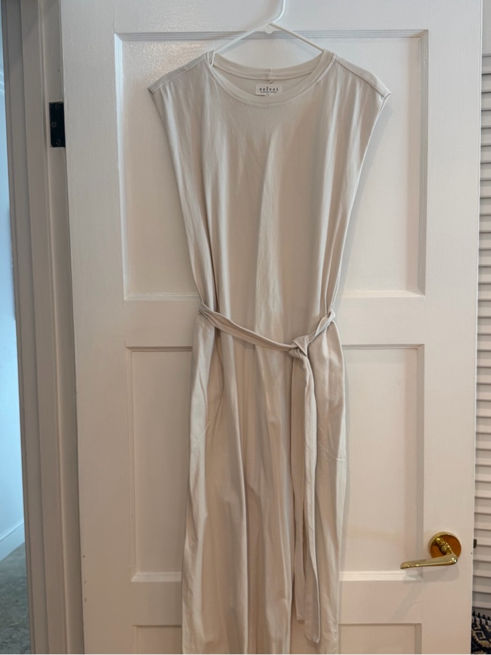 Velvet Beige Sleeveless Belted Midi Dress